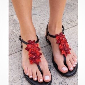 Rene Caovilla Jeweled Floral Crystal Flowers T Strap Sandal in Jet Siam 39